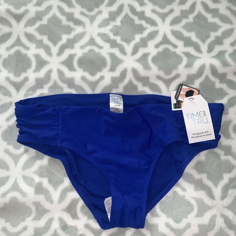 NWT WOMENS LARGE BIKINI BOTTOMS BLUE MID RISE